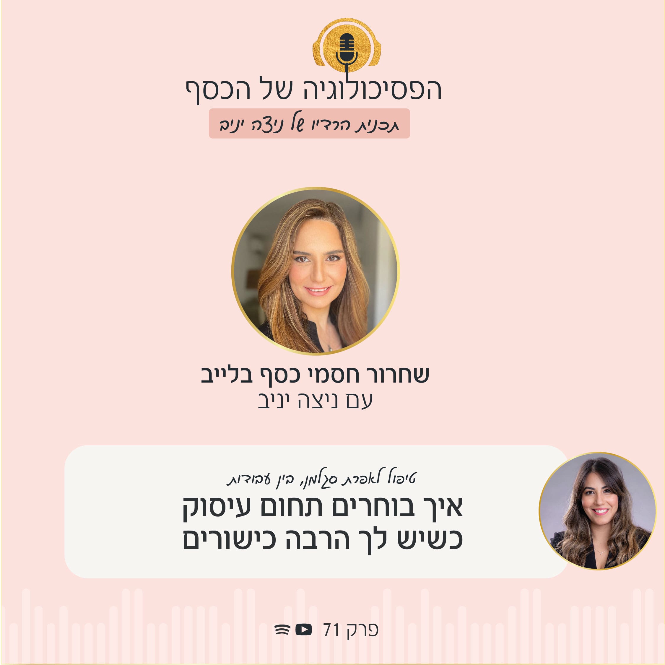 הפסיכולוגיה של הכסף עם ניצה יניב - פרק 71 בפודקאסט בו ניצה יניב עושה טיפול לשחרור חסמי כסף בלייב לאפרת סגלמן ונותנת כלים פרקטיים ותודעתיים לבחירת מקצוע שהוא גם רווחי וגם מאפשר מימוש עצמי